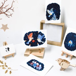 Carte romantique, illustration oiseaux crayons de couleur impression mate duo oiseaux amoureux sous les étoiles image 5