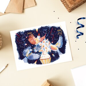 Cartão de aniversário de pássaros, ilustração a lápis de cor, impressão fosca, cartão postal A6, bolo de aniversário de pássaros imagem 3