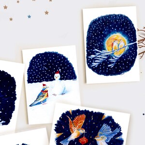 Carte bonoiseau de neige illustration bonhomme de neige oiseau impression mate crayons de couleur image 5