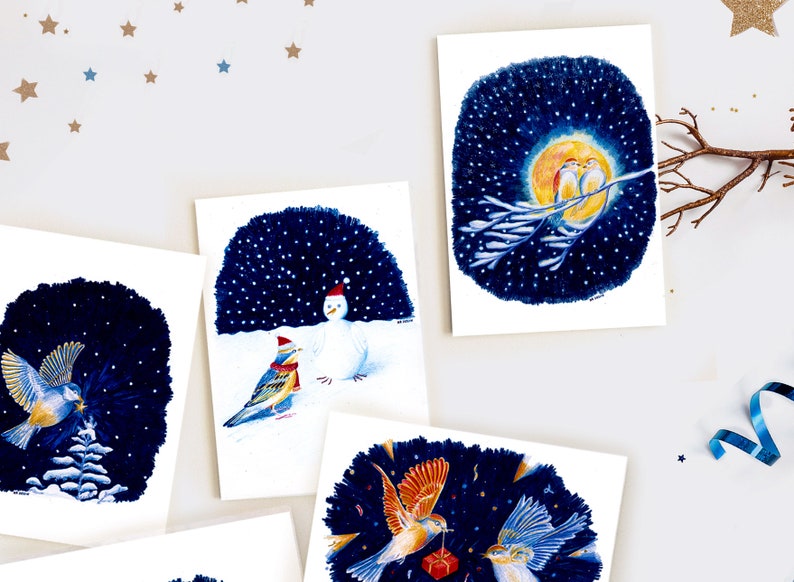 Carte bonoiseau de neige illustration bonhomme de neige oiseau impression mate crayons de couleur image 5