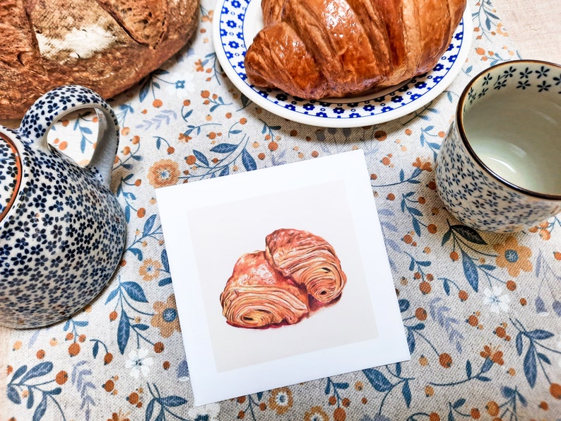 Carte pain au chocolat chocolatine illustration viennoiserie française crayons de couleur carte postale carrée petit pain boulangerie 画像 4