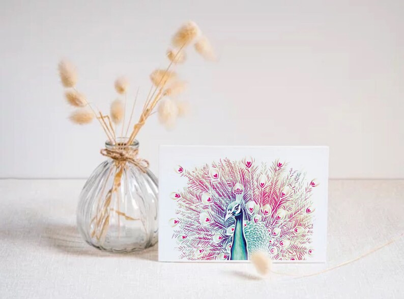 Cartão de amor, ilustração de pavão lápis de cor impressão fosca cartão postal A6 Feliz Dia das Mães imagem 5