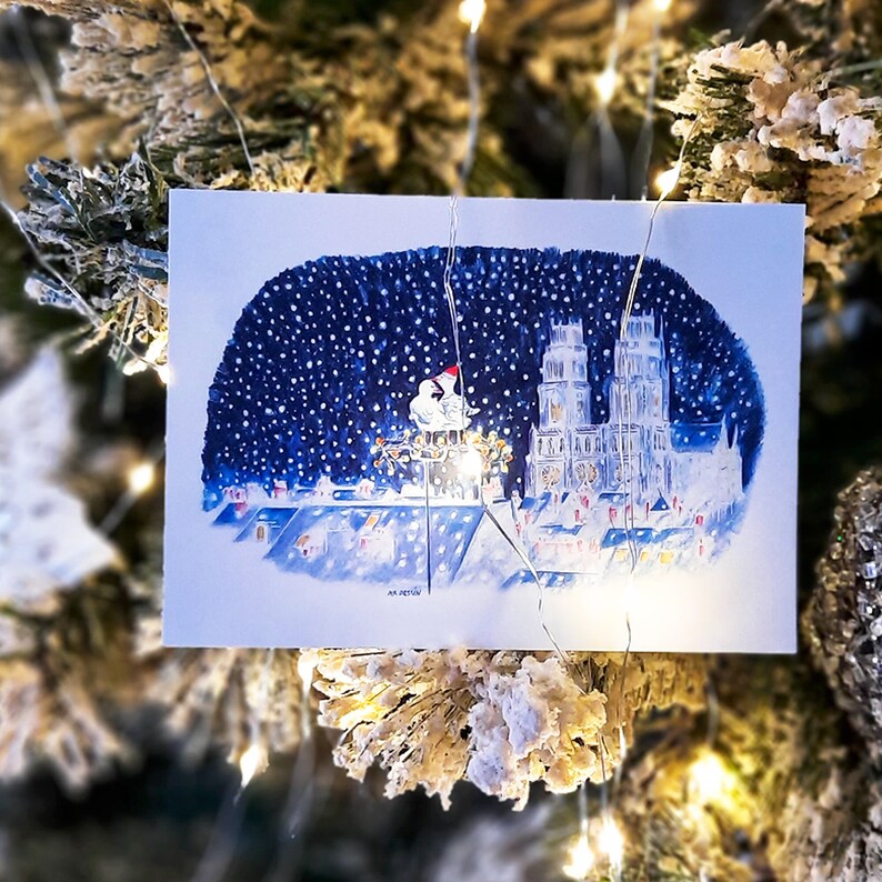 Carte romantique, nous deux à Orléans, câlin, neige crayons de couleur impression mate duo oiseaux amoureux sous les étoiles image 2