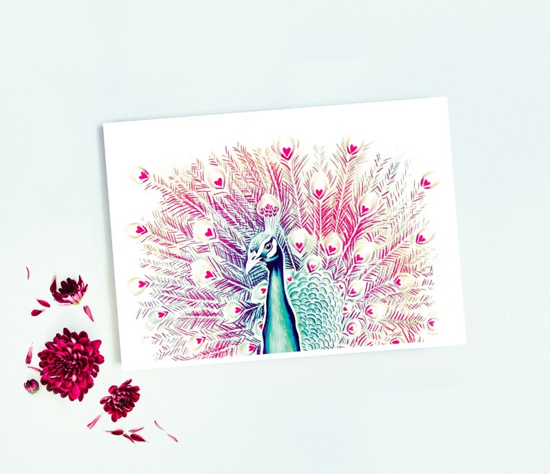 Cartão de amor, ilustração de pavão lápis de cor impressão fosca cartão postal A6 Feliz Dia das Mães imagem 4