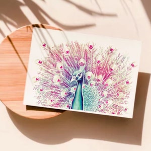 Carte amour, paon illustration crayons de couleur impression mate carte postale A6 Bonne fête maman