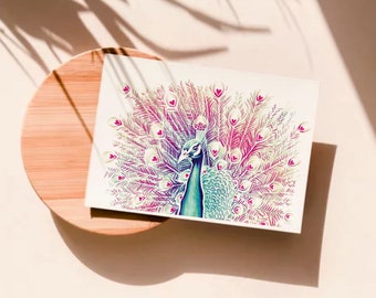 Carte amour, paon illustration crayons de couleur impression mate carte postale A6 Bonne fête maman