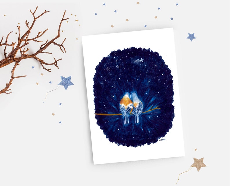 Carte romantique, illustration oiseaux crayons de couleur impression mate duo oiseaux amoureux sous les étoiles image 2