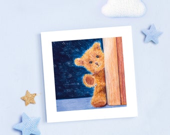 Carte naissance ourson + enveloppe illustration crayons de couleur impression mate carte postale carrée enveloppe carrée petit ours brun