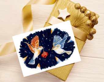 Carte oiseaux cadeau, illustration crayons de couleur joyeux Noël carte joyeuses fêtes impression mate