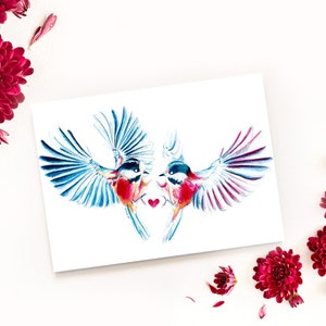 Carte amour fou, oiseaux amoureux illustration crayons de couleur impression mate carte A6 amour amour amooooouur