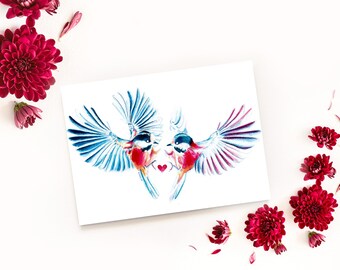 Carte amour fou, oiseaux amoureux illustration crayons de couleur impression mate carte A6 amour amour amooooouur