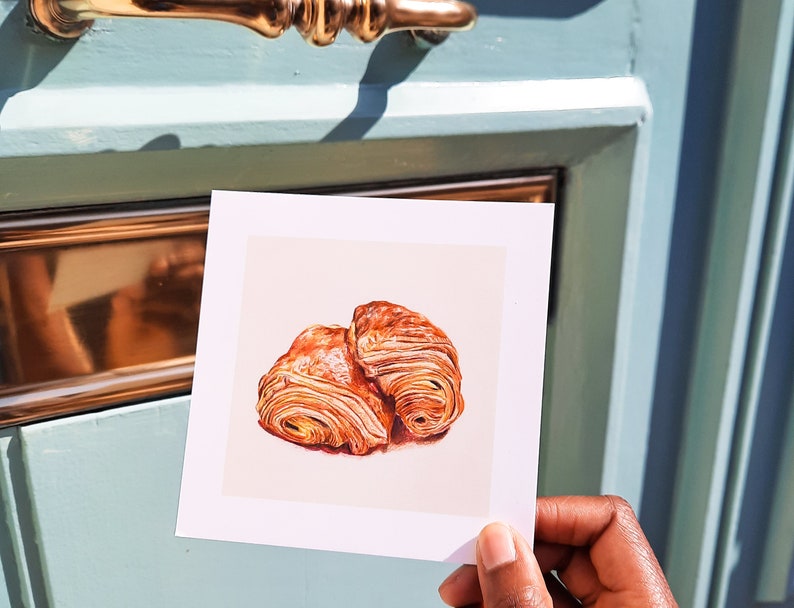 Carte pain au chocolat chocolatine illustration viennoiserie française crayons de couleur carte postale carrée petit pain boulangerie 画像 1