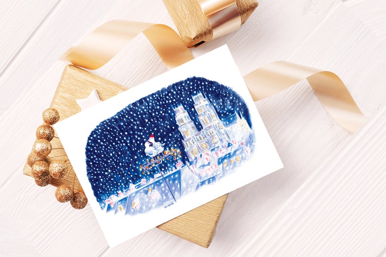 Carte romantique, nous deux à Orléans, câlin, neige crayons de couleur impression mate duo oiseaux amoureux sous les étoiles image 3