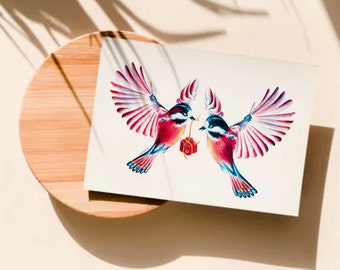 carte amour, illustration oiseaux amoureux crayons de couleur carte postale A6 impression mate