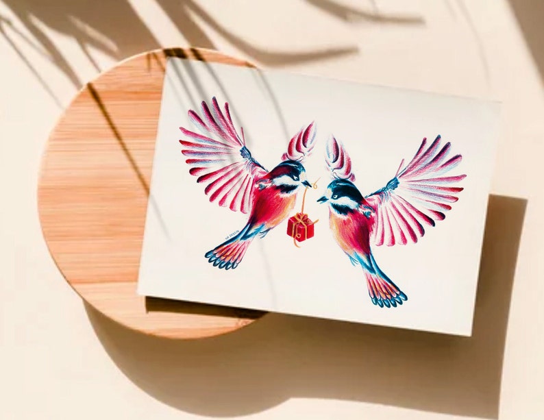 cartão de amor, ilustração pássaros apaixonados lápis de cor cartão postal A6 impressão fosca imagem 1