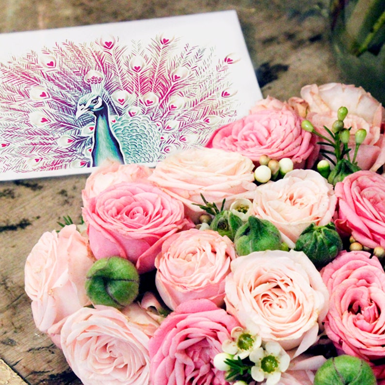 Cartão de amor, ilustração de pavão lápis de cor impressão fosca cartão postal A6 Feliz Dia das Mães imagem 2