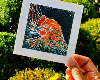 Hen card + envelope illustration colored pencils matte print square postcard square envelope chicken