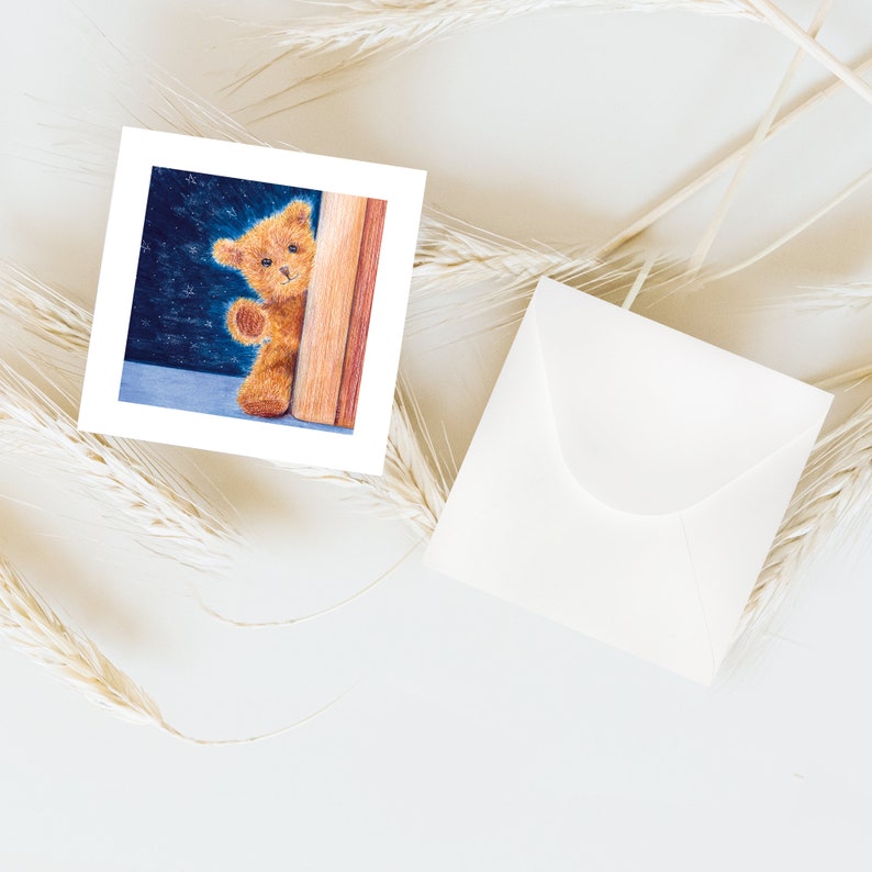Carte naissance ourson + enveloppe illustration crayons de couleur impression mate carte postale carrée enveloppe carrée petit ours brun image 3