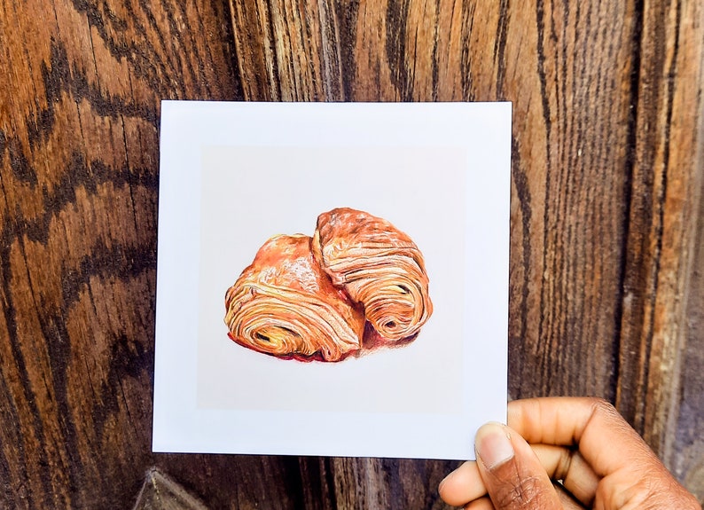 Carte pain au chocolat chocolatine illustration viennoiserie française crayons de couleur carte postale carrée petit pain boulangerie 画像 3