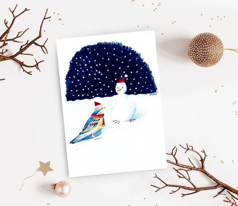 Carte bonoiseau de neige illustration bonhomme de neige oiseau impression mate crayons de couleur image 1