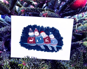 Christmas card, cute birds card, bird illustration card, postcard, Merry Christmas sweater, happy holidays card, illustrated card