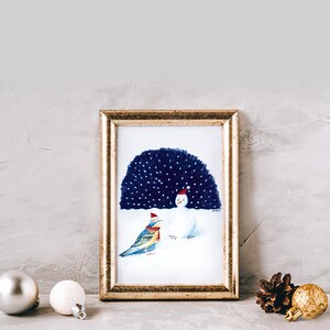 Carte bonoiseau de neige illustration bonhomme de neige oiseau impression mate crayons de couleur image 6