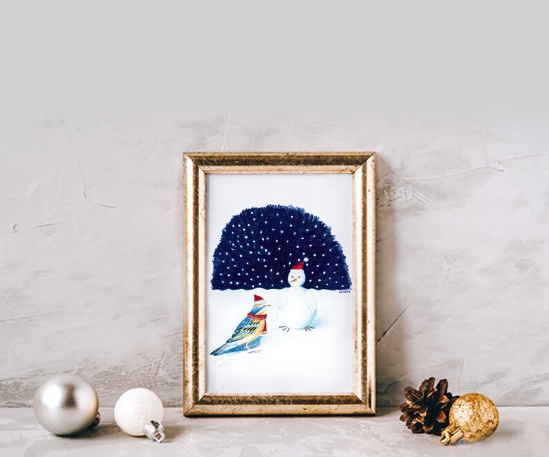 Carte bonoiseau de neige illustration bonhomme de neige oiseau impression mate crayons de couleur image 6