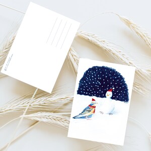 Carte bonoiseau de neige illustration bonhomme de neige oiseau impression mate crayons de couleur image 3