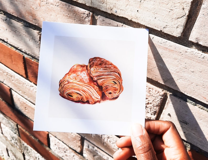 Carte pain au chocolat chocolatine illustration viennoiserie française crayons de couleur carte postale carrée petit pain boulangerie 画像 2