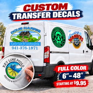 May include: A white van displaying custom transfer decals with various business logos including Doug Harris Lawn Care & Landscaping, Megalodon Fitness, and Amazing Wonders. A circular Key Lime Pools decal is shown being applied to a surface.