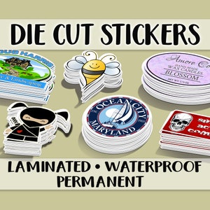 Custom Die Cut Stickers | Premium Vinyl Waterproof Stickers | UV Gloss or Matte Lamination. We cut to any Shape.