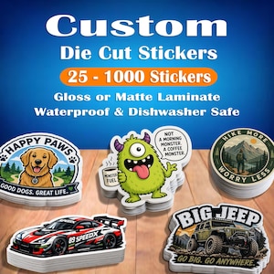 May include: A collection of custom die-cut stickers with various designs. The stickers include a cartoon dog, a green monster, a race car, a Jeep, and a hiking-themed design. The stickers are waterproof and dishwasher safe.