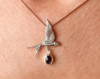 Garnet Stone Sparrow Necklace, 925 Sterling Silver Handmade Sparrow Jewelry Pendant, Silver Sparrow Garnet Gemstone Bird Necklace