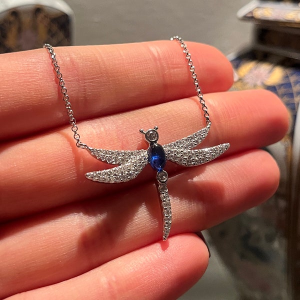 925 Sterling Silver Dragonfly Sapphire and Zircon Stone Necklace, Silver Dragonfly Bird with Sapphire Zircon Stone ,925 Silver Bird Necklace