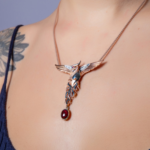 Phoenix Strength Root Ruby Pendant, Firebird Handmade 925 Sterling Silver Phoenix Necklace, Custom Desing Animal Jewerly, Root Ruby GemStone