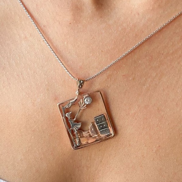 Windy Weather Rose Gold 3-D Necklace, Girl and Stormy City Holding Umbrella Theme Pendant For Her, Gift For Her Jewelry