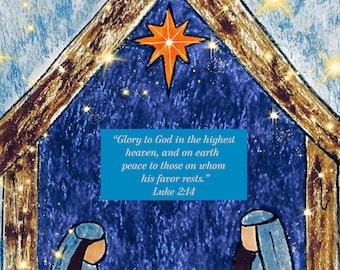 Nativity Scene Baby Jesus Joseph and Mary Giclee Matte Print 8x10 Unframed Bible Verse Inspirational
