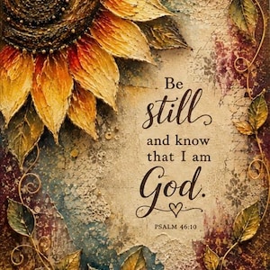 May include: A textured wall art piece featuring a large, impasto-style sunflower in the upper left corner with yellow and orange petals. The center displays the text 'Be still and know that I am God. PSALM 46:10' framed by a delicate wire vine.