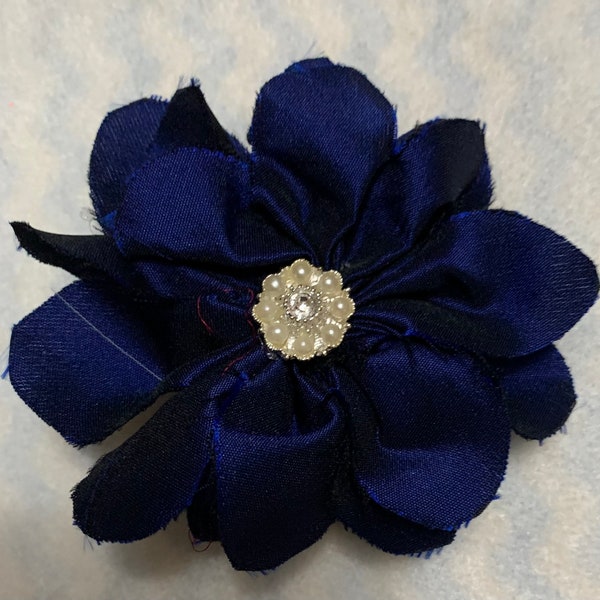 Navy Blue Faux Pearl Fabric Floral Brooch