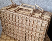 Vintage Suitcase Rattan Wicker Woven Basket Case Storage- Small