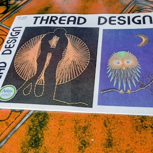 May include: A sheet titled "THREAD DESIGN" displays two thread art designs. One shows a couple embracing within a circle, the other an owl perched on a branch under a crescent moon. The designs are made with orange thread.