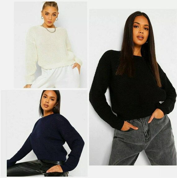 Womens Waffle Knit Jumper Sweater 