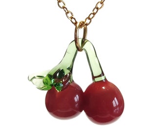 Red cherry boroslicate glass necklace, Cherries pendant, Fruit pendant, Juicy pendant, Summer vibes jewelry, Cute glass necklace