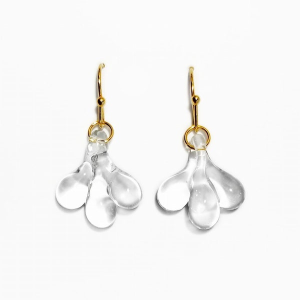 Floral earrings, water drop earrings, raindrop, lampwork jewlery, tiny drop earrings, bridal jewelry, minimalist earrings, boro glass