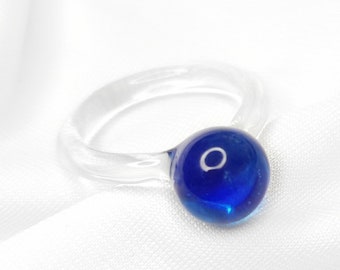 Unique glass ring with big blue  ball, minimalist and simple, elegant ring, lampwork, borosilicate glass, cocktail ring, dot ring, blue ring