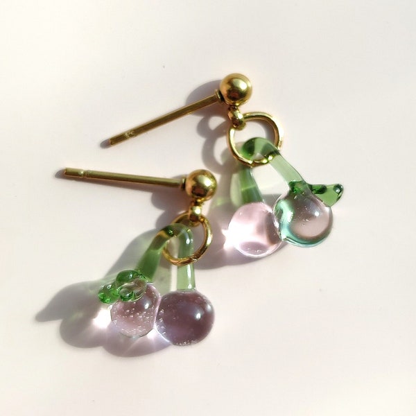 Pink cherry boroslicate glass earrings, Cherries ear pieces, Fruit earrings, Juicy jewelry, Summer vibes jewelry, Cute glass earrings