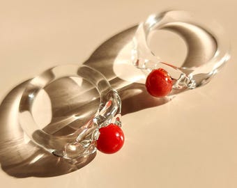 Glass Ring with Coral Accent – Handmade Borosilicate Statement Jewelry – Recycled Clear & Coral Glass, Mermaid Ring, Coral Glass Jewelry