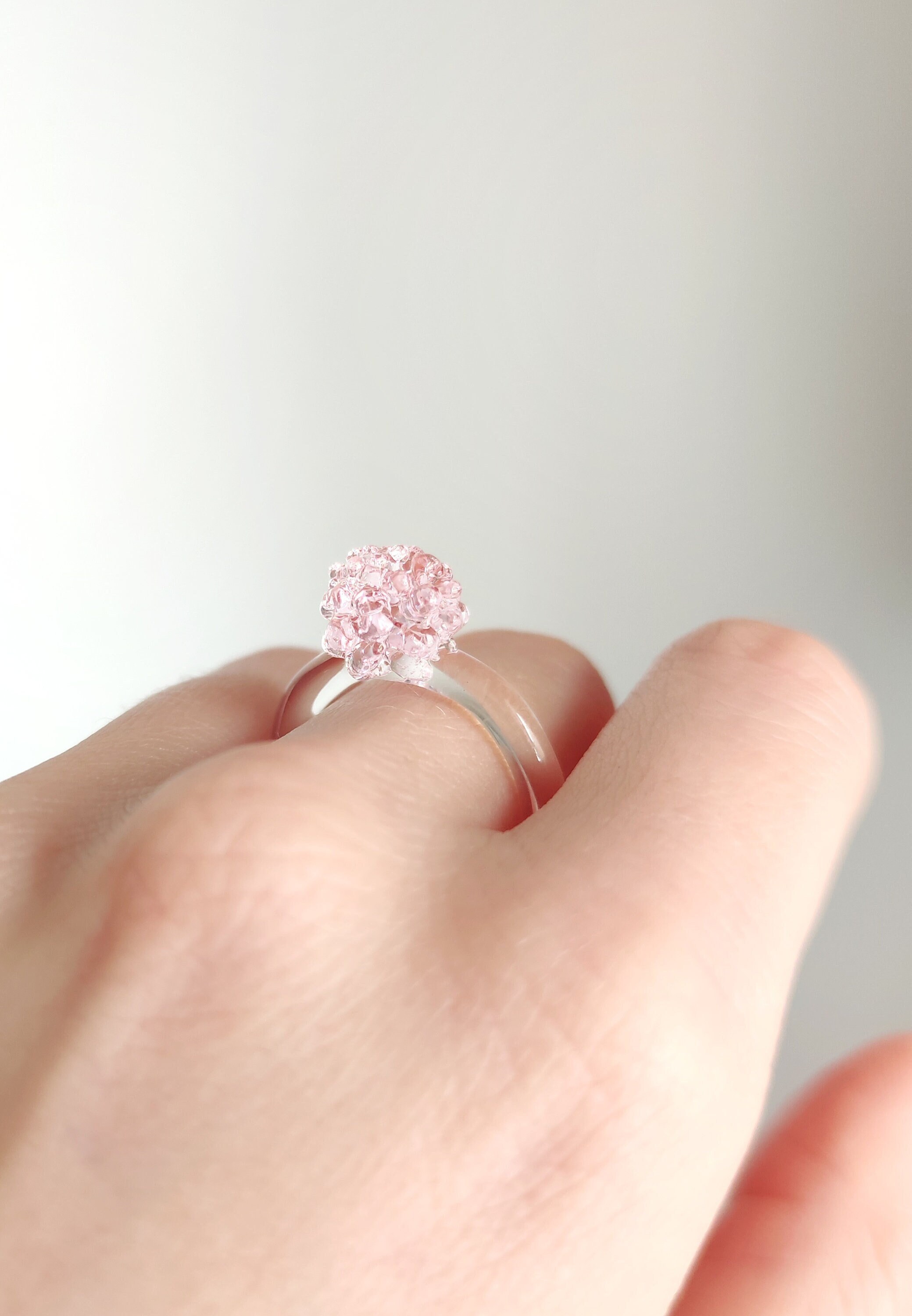 Handcrafted Pink Crystal Ring - Unique Statement Jewelry, Pink gorosilicate glass ring, raspberry ring, cinderella ring, crystal ball ring,