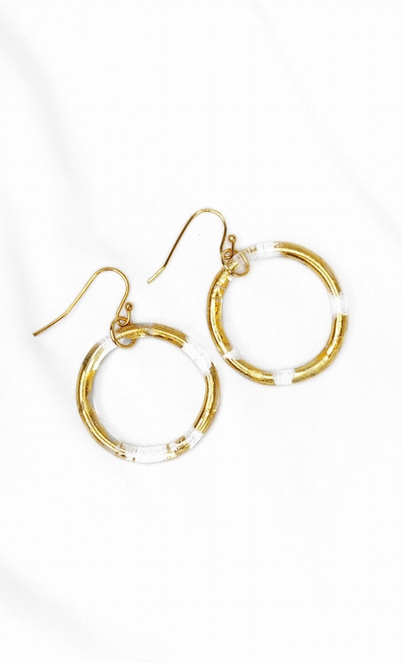 Minimalistic big circle earrings with gold 23ct, lampwork hoop earrings, borosiliate glass, classy and elegant, boho, rustic hoop earrings image 3