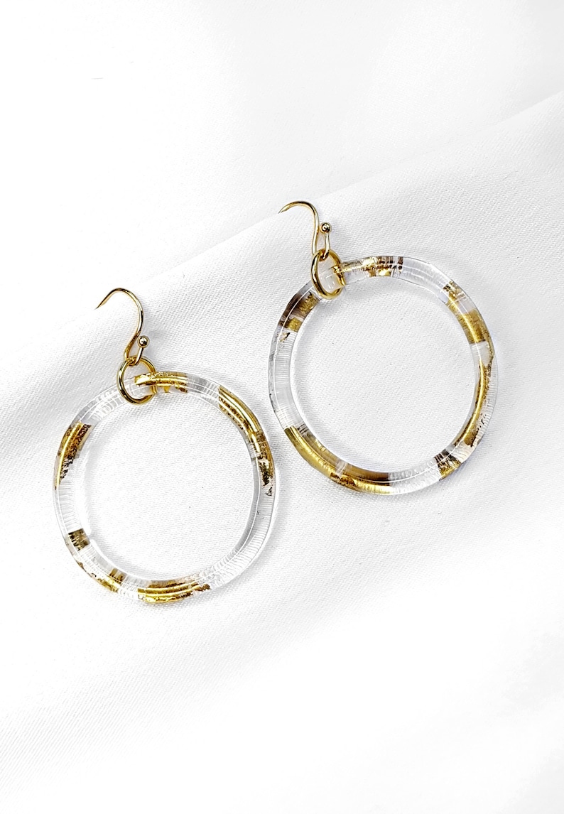 Minimalistic big circle earrings with gold 23ct, lampwork hoop earrings, borosiliate glass, classy and elegant, boho, rustic hoop earrings image 4